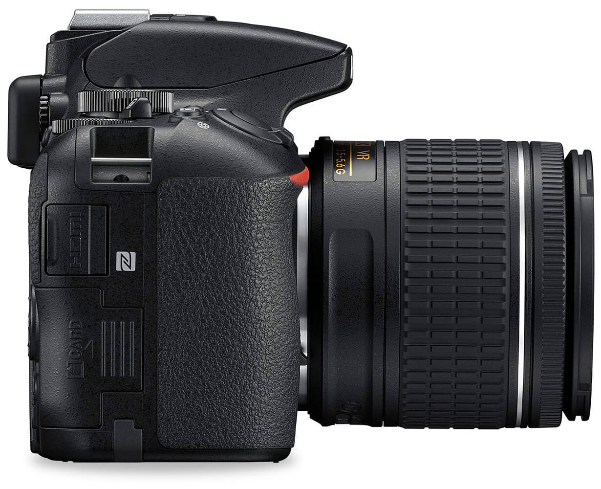 Vue de côté d’un reflex numérique Nikon avec des points clés indiquant différentes fonctionnalités.