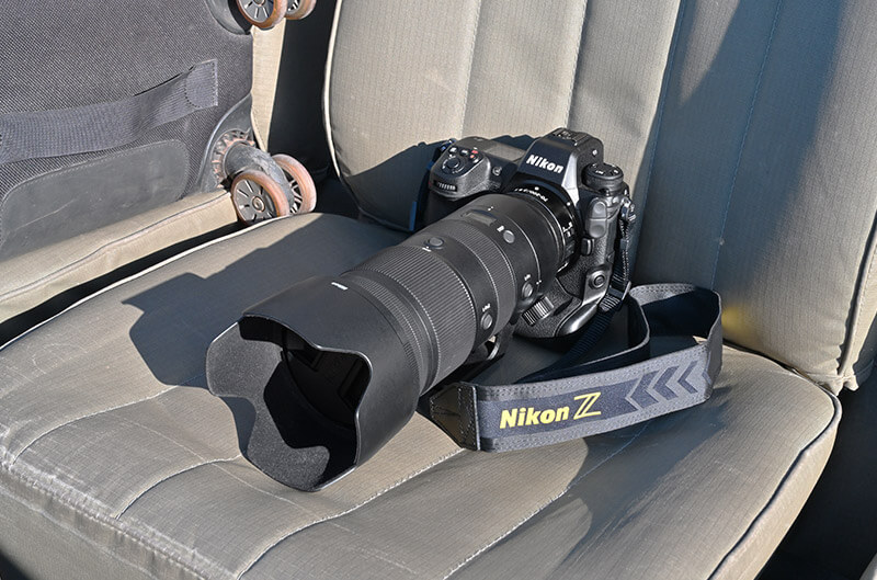 Photo of the Z 9 and telephoto lens on the seat of a safari vehicle