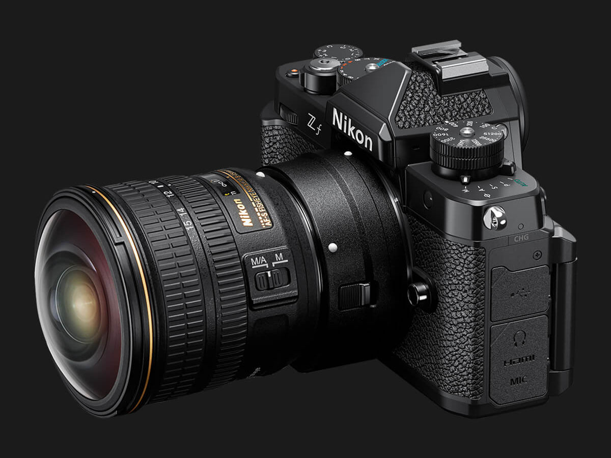 Photo fo the Z f with the FTZ II adapter and the 8-15mm F mount NIKKOR lens attached