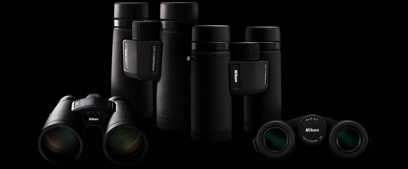 Composite photo showing four models of Monarch M7 binoculars