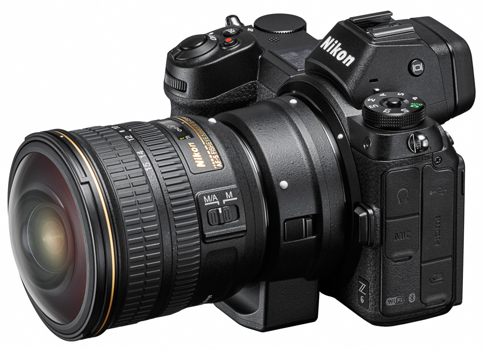 product photo of the Z6 mirrorless camera with the Mount Adapter FTZ and 8-15mm F-mount NIKKOR lens attached