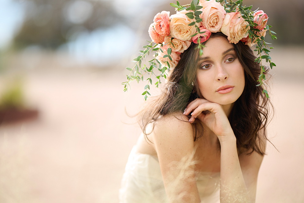 Dixie Dixon photo of a model with a floral wreath in her hair, taken with the Z 9 mirrorless camera and NIKKOR Z 85mm f/1.2 S lens